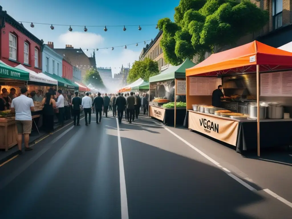 Una vibrante escena urbana con restaurantes veganos y food trucks, muestra una comunidad diversa disfrutando platillos veganos