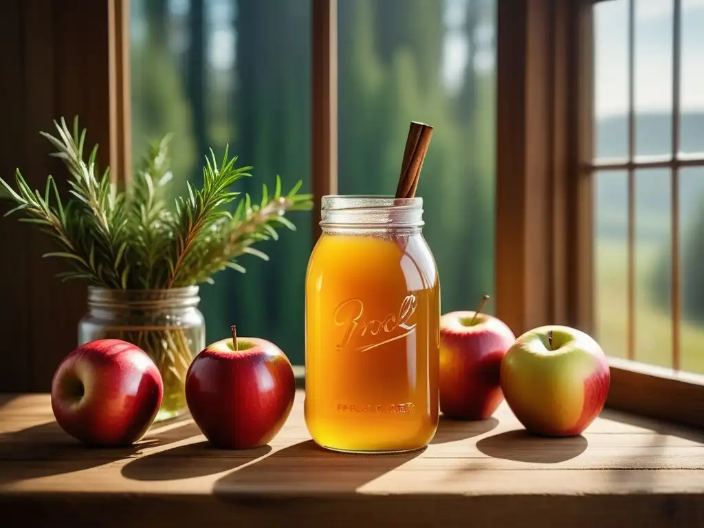 Vibrante escena de vinagre de sidra de manzana casero rodeado de manzanas frescas, canela y romero en una mesa de madera rústica