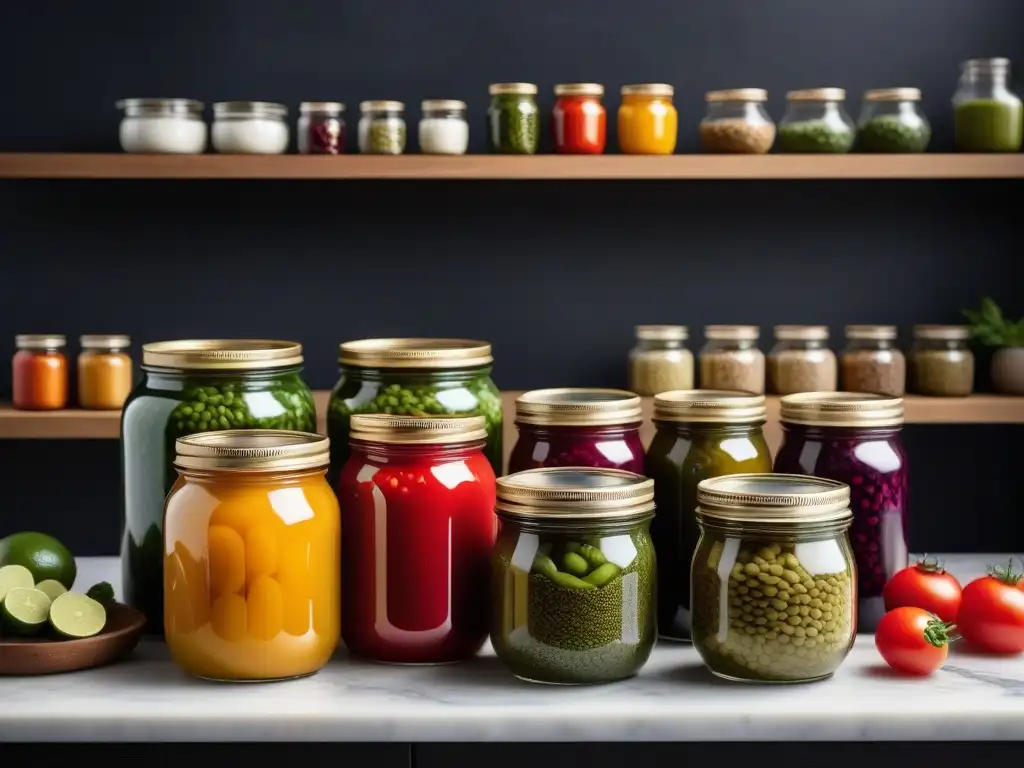 Un vibrante escenario de cocina moderna, con platos veganos fermentados y técnicas de fermentación ancestral