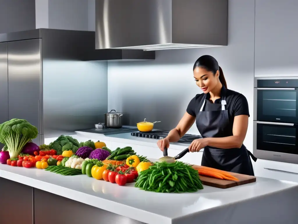 Un vibrante escenario de cocina vegana con ingredientes frescos y un chef preparando un plato colorido