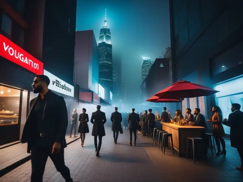 Un vibrante escenario nocturno de una ciudad moderna con rascacielos iluminados y emprendedores discutiendo frente a un restaurante vegano