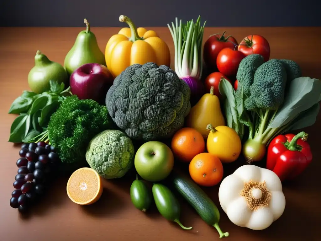 Una vibrante exhibición de frutas y verduras frescas en una encimera moderna, demostrando la esencia de una dieta vegana equilibrada