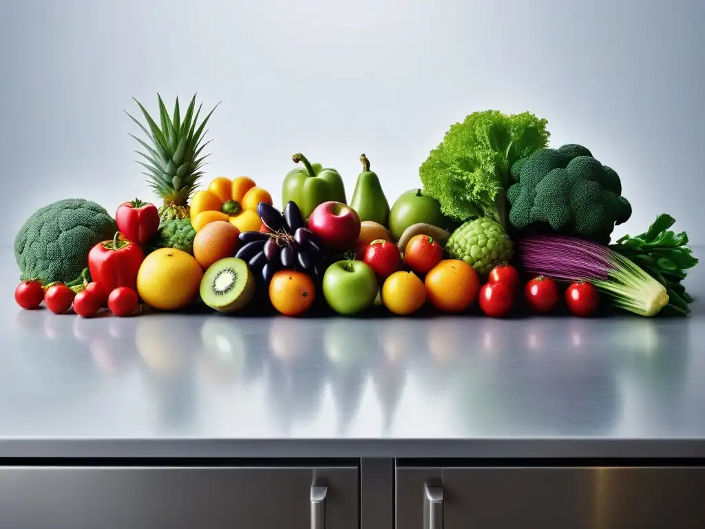 Una vibrante exhibición de frutas y verduras frescas en una cocina moderna, resaltando la diversidad de plantbased foods