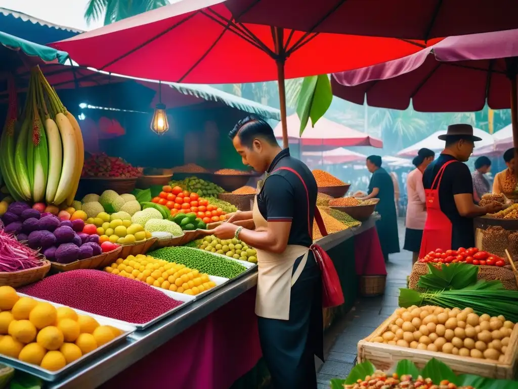 Una vibrante feria de comida vegana en Tailandia con frutas, verduras y especias exóticas