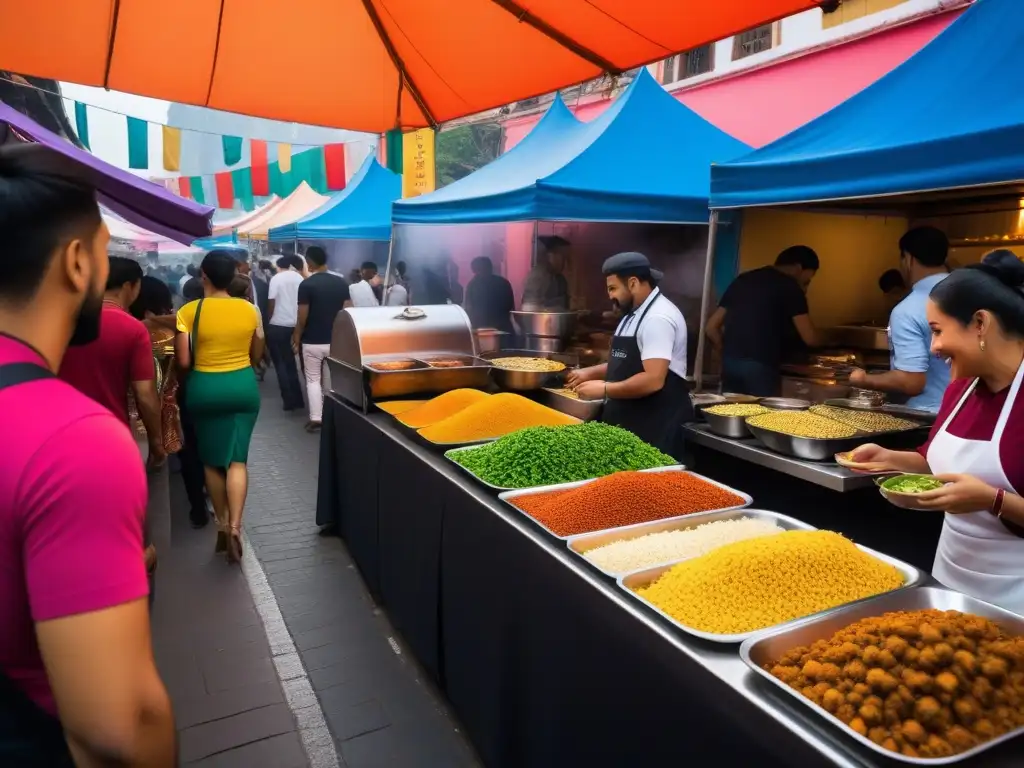 Una vibrante feria de comida vegana en una bulliciosa ciudad latinoamericana