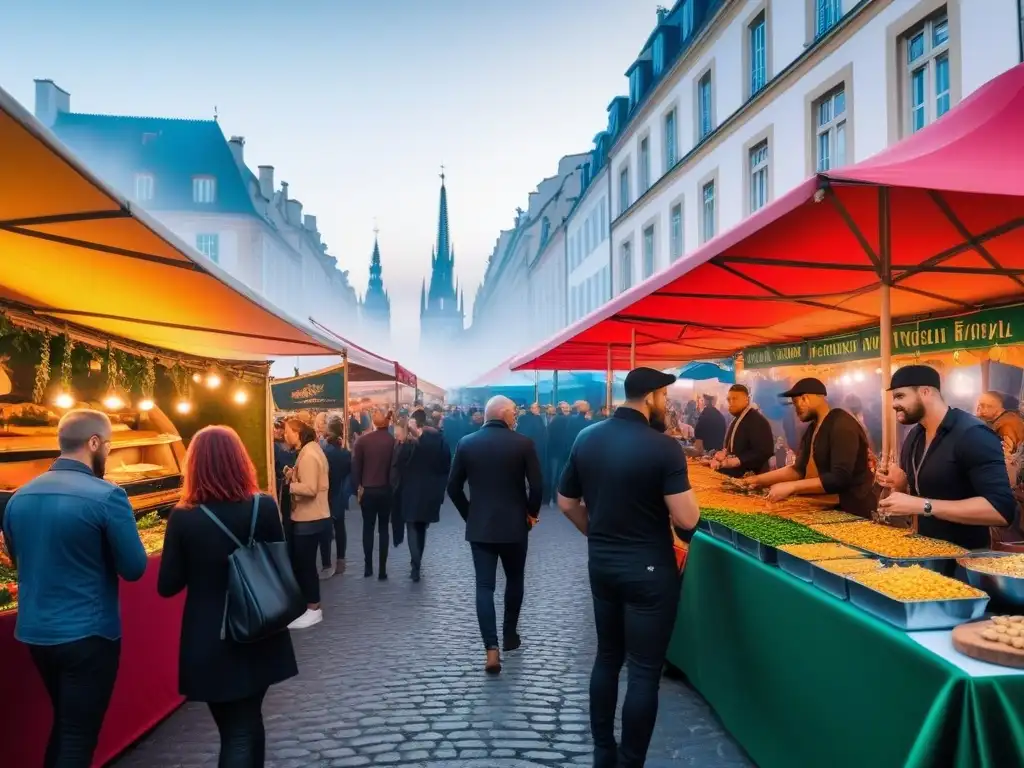 Una vibrante feria de comida vegana en Europa con puestos coloridos, diversidad de personas y entretenimiento