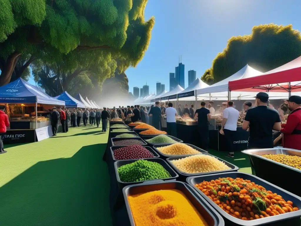 Una vibrante feria gastronómica al aire libre en Australia, con platos veganos coloridos de diversas culturas