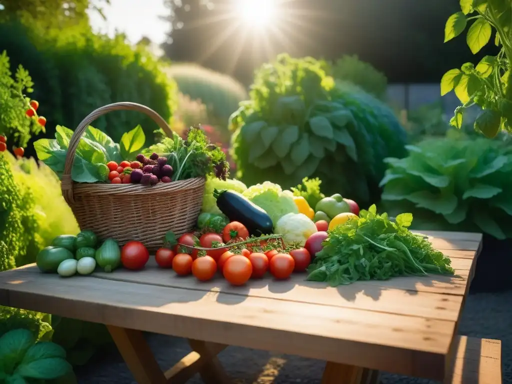 Un jardín vibrante y fértil con hortalizas y frutas frescas