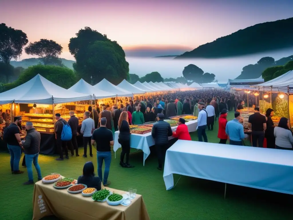 Un vibrante festival de comida vegana con puestos de comida coloridos, chefs apasionados y gente disfrutando de delicias culinarias