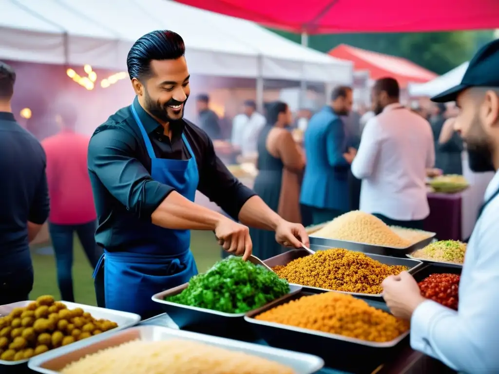 Vibrante festival gastronómico vegano con foodies explorando variedad de platillos plantbased en coloridos puestos de comida