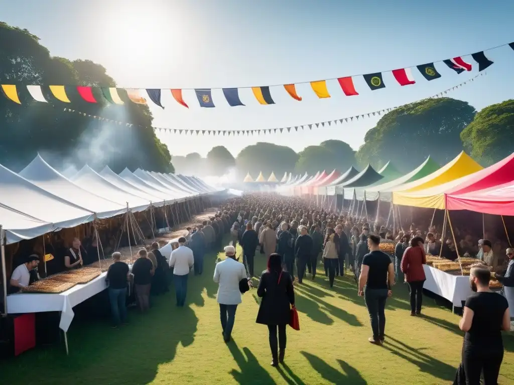 Un vibrante festival con puestos de comida vegana de todo el mundo, gente disfrutando de música y actividades comunitarias en un ambiente inclusivo