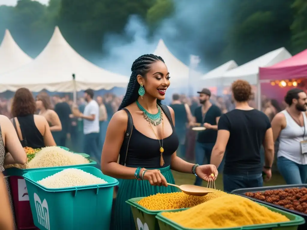 Un vibrante festival vegano con coloridos puestos de comida y visitantes entusiastas, promoviendo prácticas sostenibles