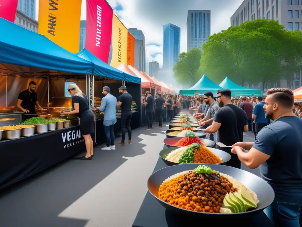 Un vibrante festival vegano gastronomía mundial con comida colorida y diversa en una plaza de la ciudad