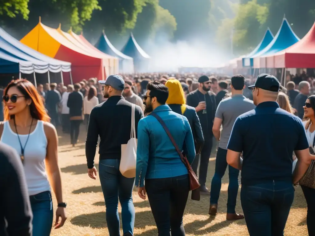 Un vibrante festival vegano con comida colorida y diversa, multitudes explorando y disfrutando de la música en vivo