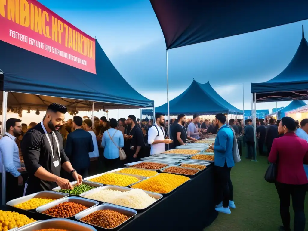 En un vibrante festival vegano, diversidad de personas disfrutan de la gastronomía mundial bajo un cielo azul