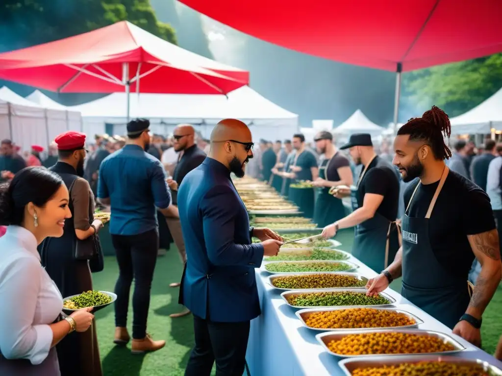 Un vibrante festival vegano con gastronomía mundial: gente probando platillos coloridos mientras un chef presenta una obra maestra vegana