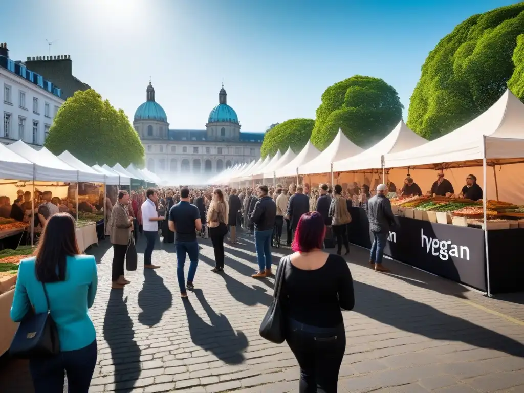 Un vibrante festival vegano en una plaza de la ciudad, con puestos coloridos de comida y productos ecológicos