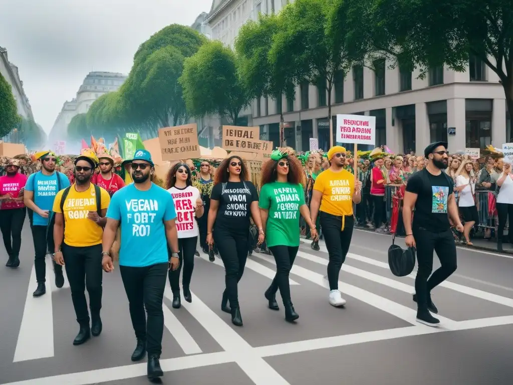 Celebración vibrante en festival vegano: comunidad unida en activismo, desfile colorido y creativo en plaza de la ciudad