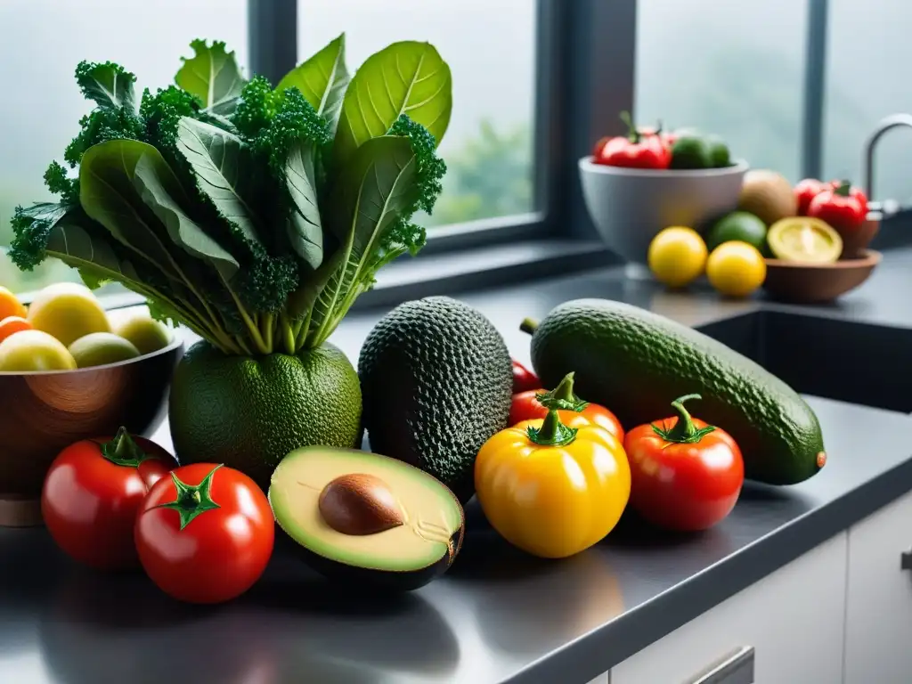 Un vibrante flat lay de vegetales y frutas frescas en una cocina moderna, ideal para la planificación de menús veganos principiantes