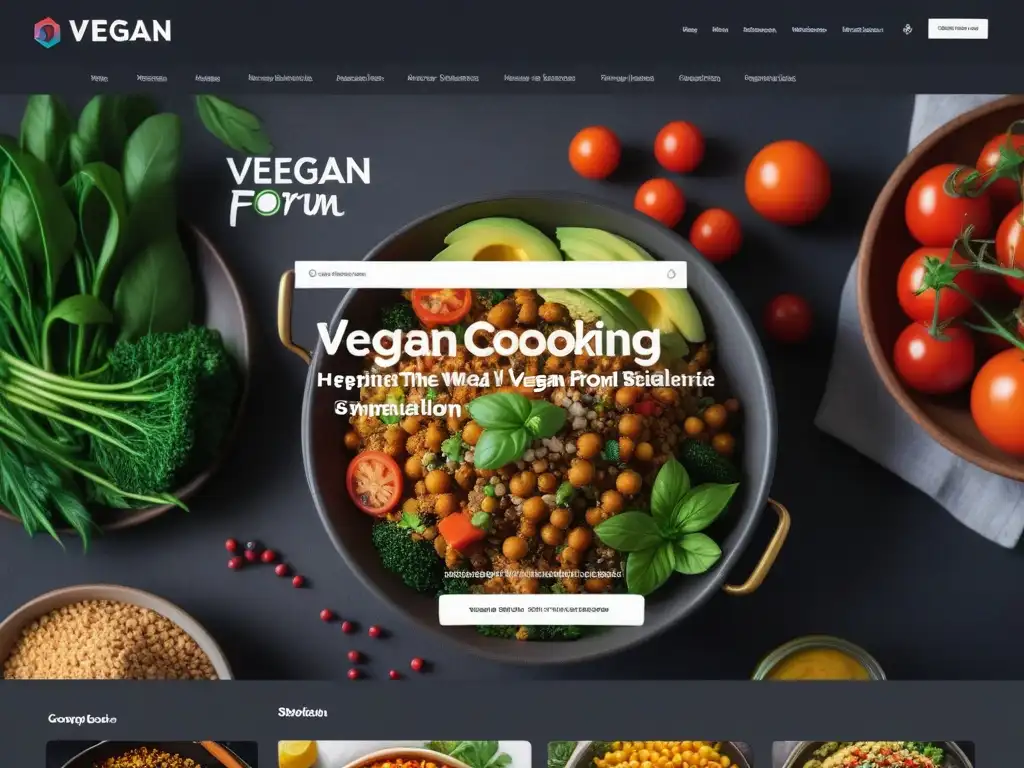 Un vibrante foro de cocina vegana en línea, con platos coloridos y usuarios diversos interactuando en comunidad