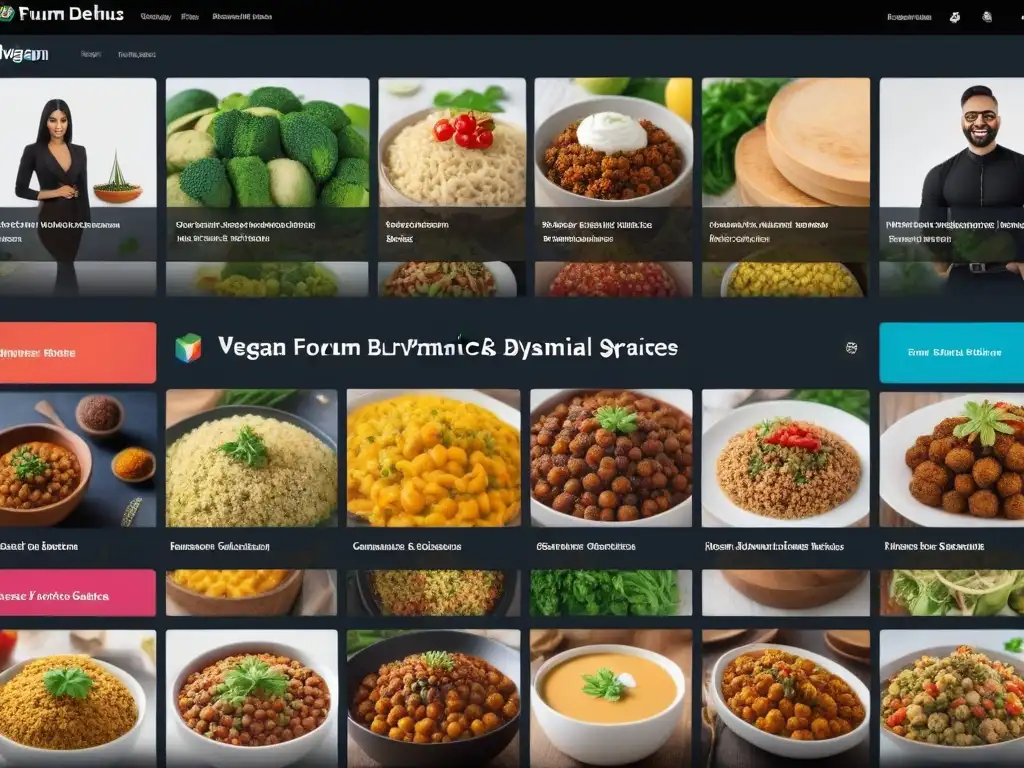 Un vibrante foro en línea de cocina vegana con categorías como 'Recetas deliciosas' y 'Comunidad activa', creando un espacio virtual dinámico para entusiastas de la cocina vegana