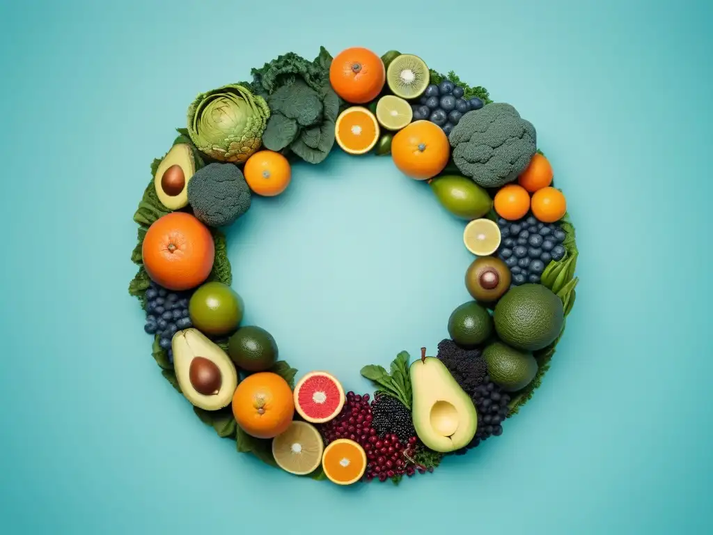 Una ilustración vibrante de frutas y verduras coloridas en un patrón circular, simbolizando beneficios prebióticos veganos para la salud intestinal