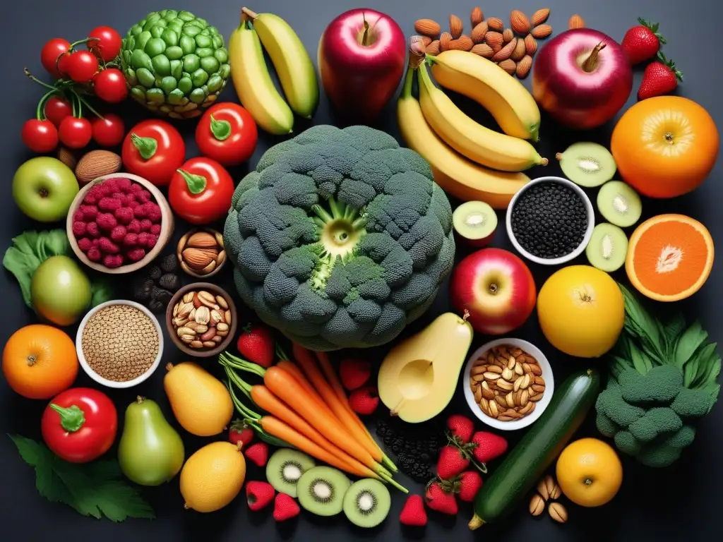 Una ilustración vibrante de frutas, verduras, nueces y semillas en una dieta vegana