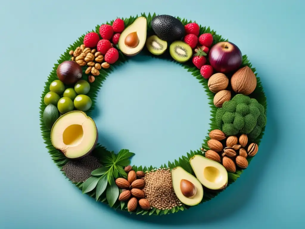 Una vibrante ilustración de fuentes vegetales de Omega 3 como chía, linaza, nueces y algas, dispuestas en un patrón circular detallado