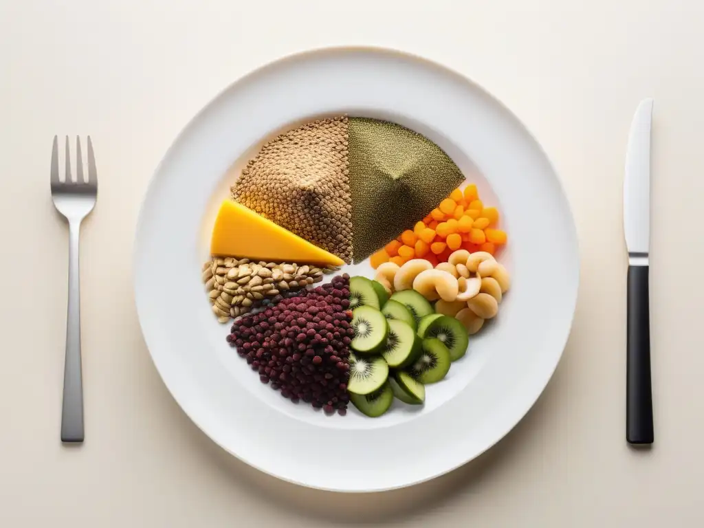 Composición vibrante de fuentes vegetales ricas en Omega 3 como semillas de chía, lino, nueces, semillas de cáñamo y aceite de algas, en un plato blanco minimalista