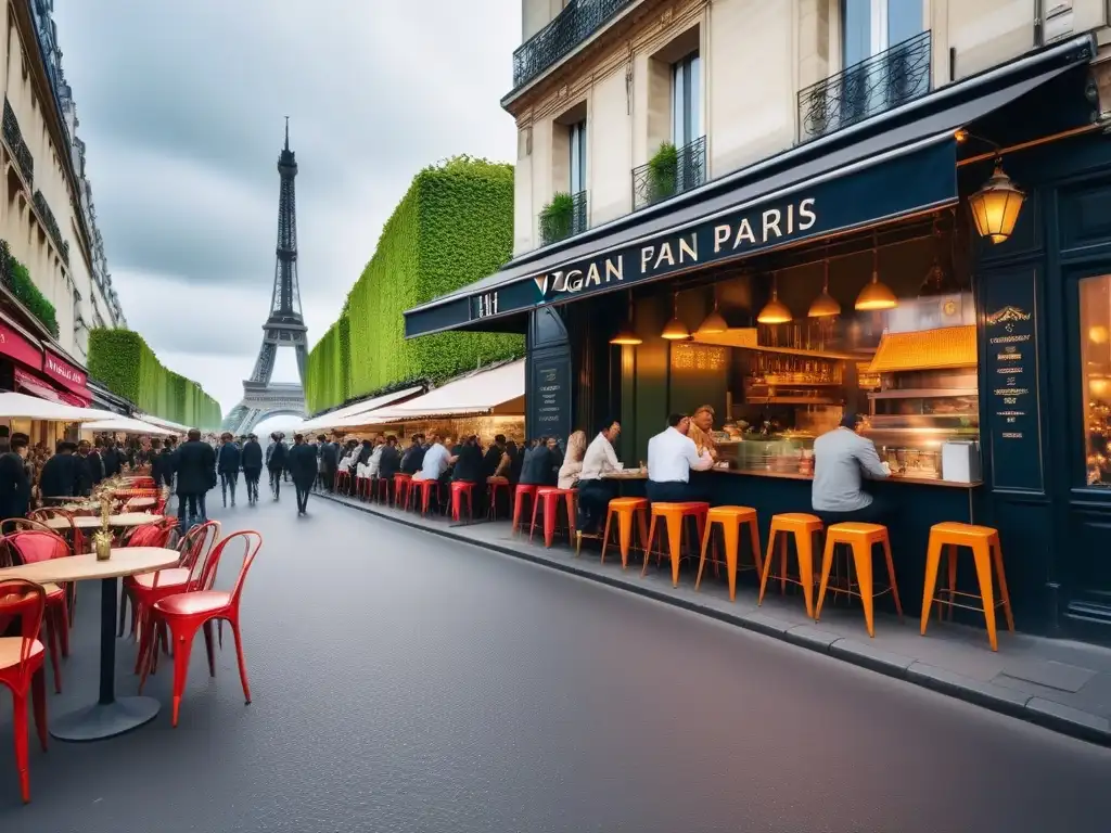 Escena vegana en París: sabores y colores en la ciudad del amor Descubre la vibrante gastronomía vegana en París con coloridos restaurantes y la Torre Eiffel de fondo