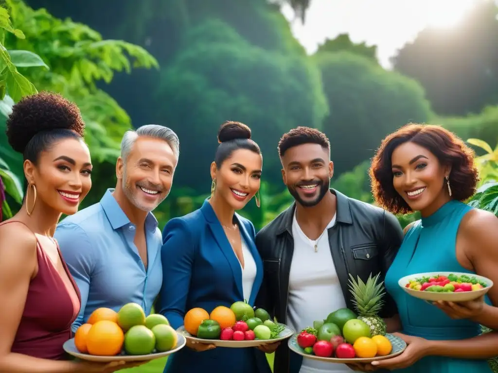 Un jardín vibrante con gente diversa sonriendo y sosteniendo platos coloridos de alimentos frescos