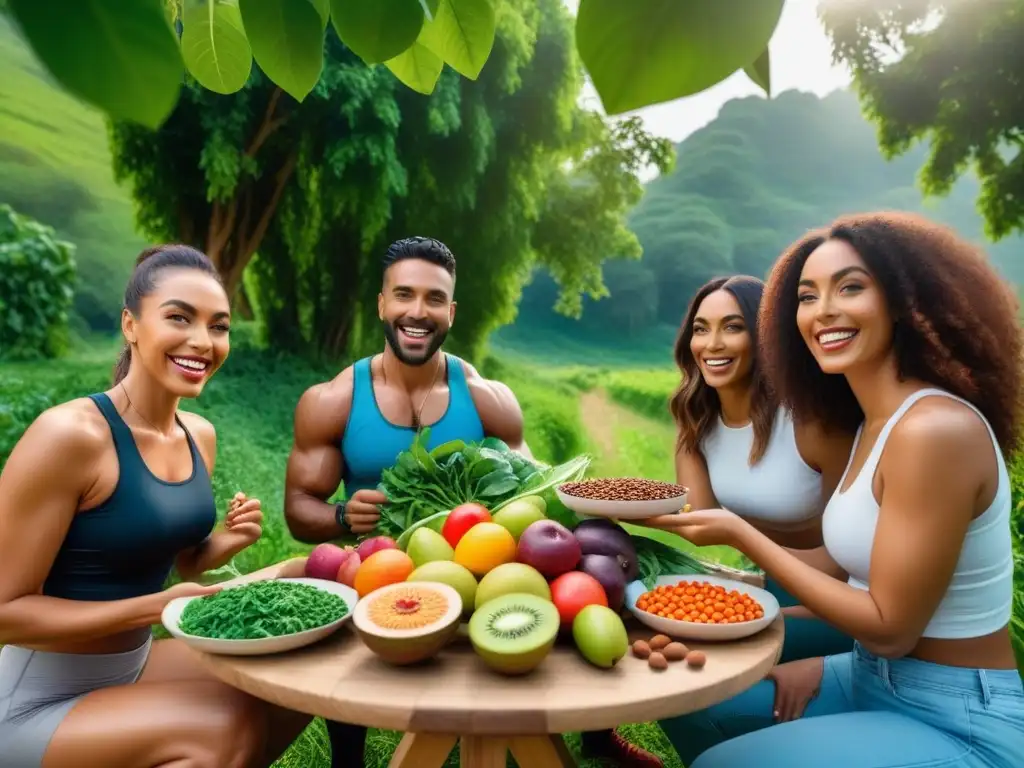 Vibrante grupo de veganos felices disfrutando de la naturaleza y alimentos ricos en selenio