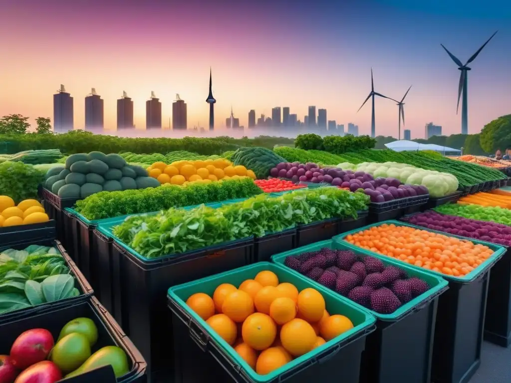 Un vibrante horizonte urbano al atardecer con rascacielos iluminados y parques verdes, destacando un bullicioso mercado de alimentos orgánicos