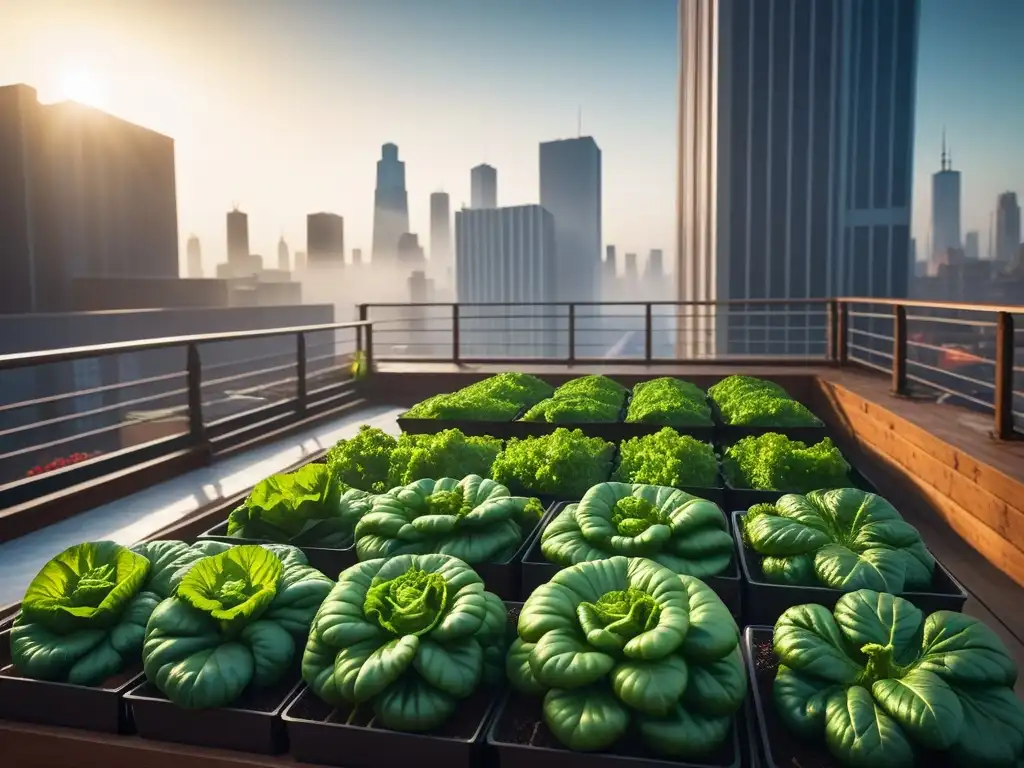 Un vibrante huerto urbano en la azotea de la ciudad al atardecer, ideal para una cocina vegana cruda