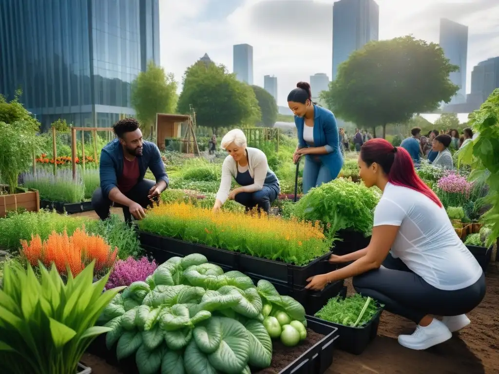 Un vibrante huerto urbano donde personas de distintas edades y culturas cuidan de plantas rodeados de edificios modernos