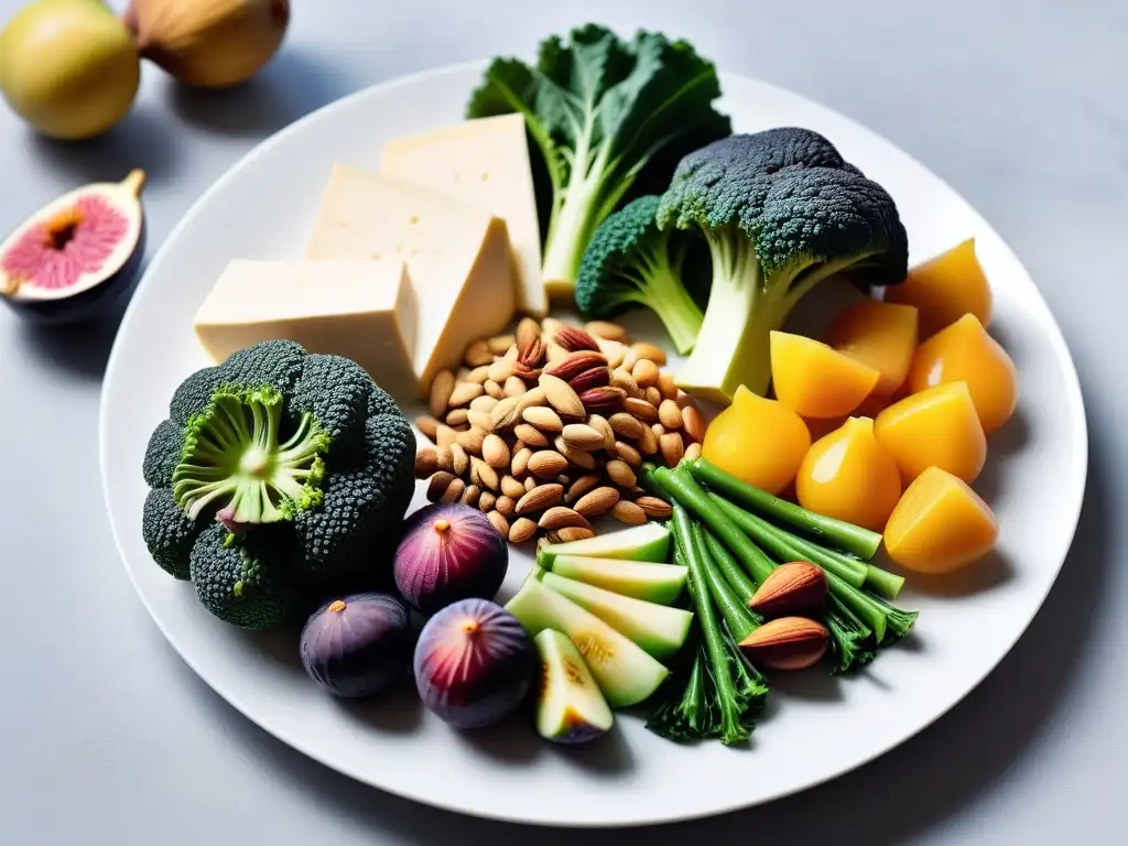 Vibrante imagen de fuentes de calcio en veganismo con tofu, kale, almendras, brócoli y higos en plato blanco, en mercado de colores vivos