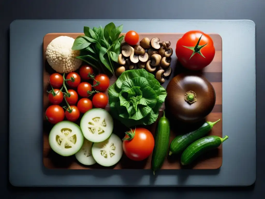 Una vibrante imagen de vegetales frescos cortados en una tabla, ideal para la 'Guía cocina vegana para principiantes'