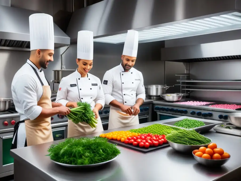 Un vibrante laboratorio culinario con chefs veganos experimentando platos innovadores