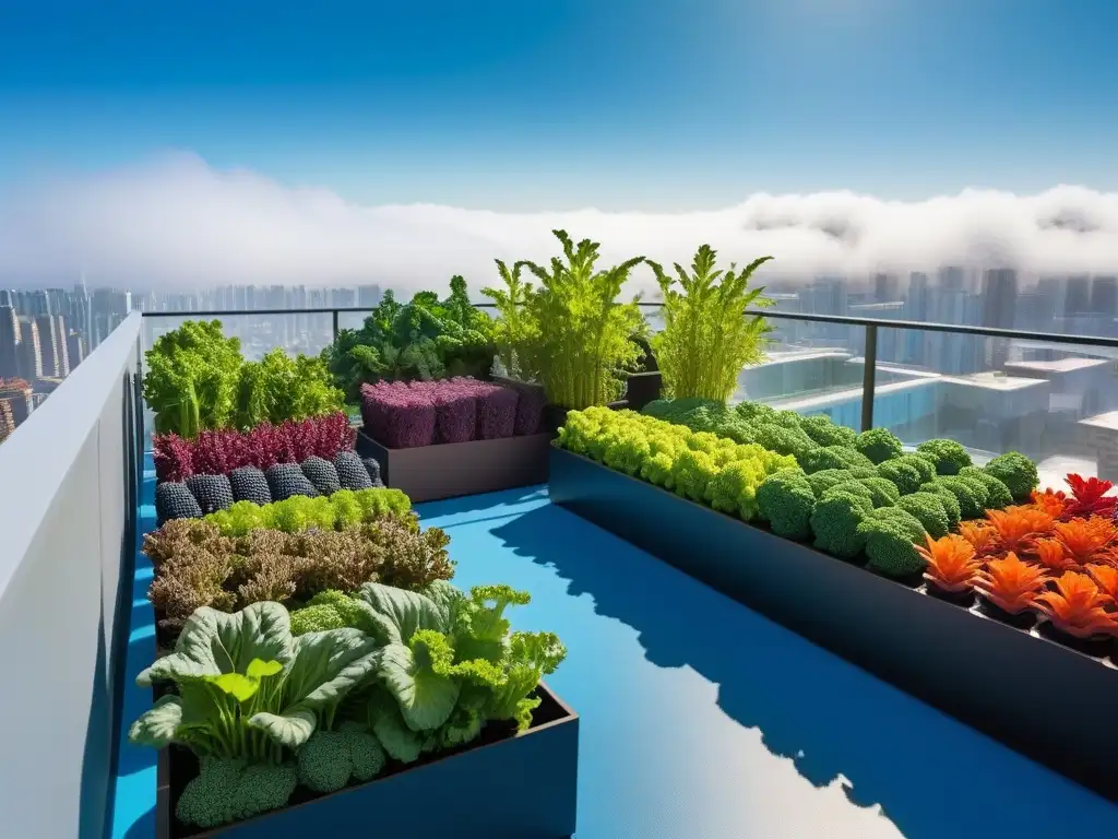 Un jardín de balcón vibrante lleno de superalimentos veganos como kale, arándanos, quinoa y chía, cultivados en macetas modernas bajo el sol