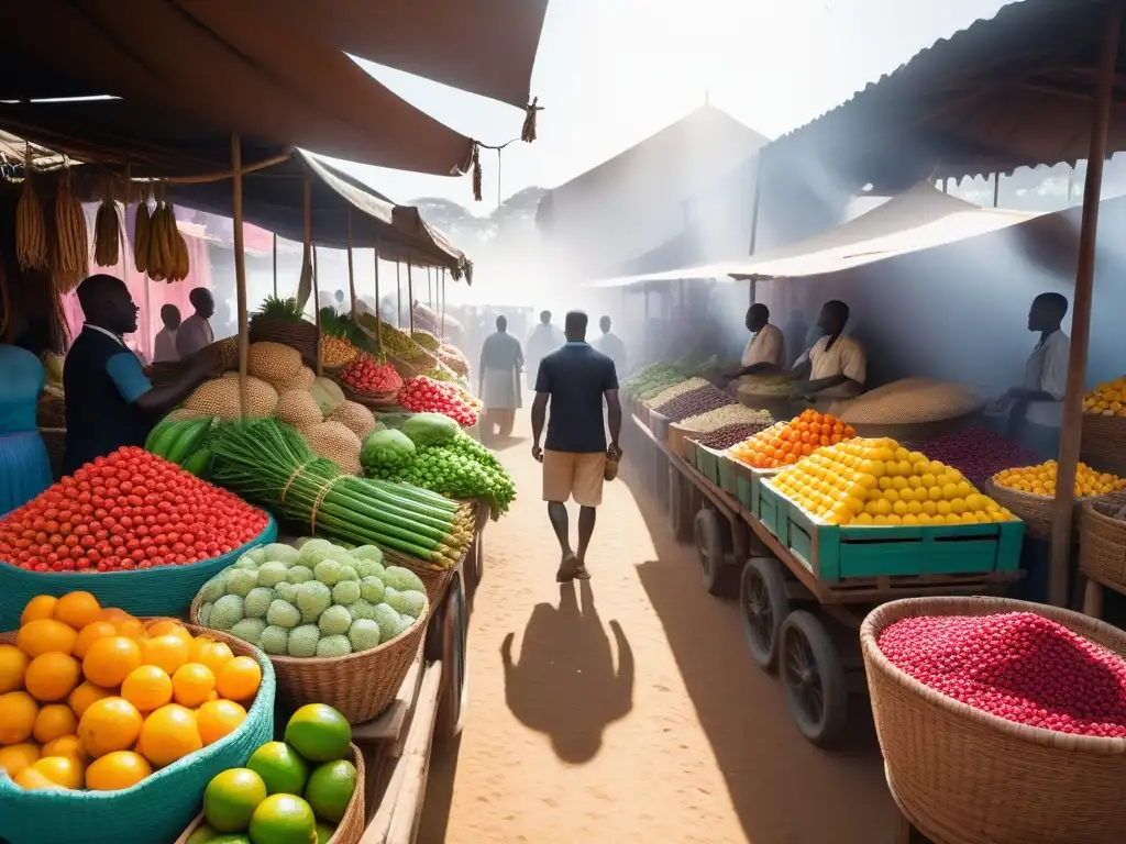 Un vibrante mercado africano con cocina vegana tradicional en África, lleno de colores, aromas y cultura