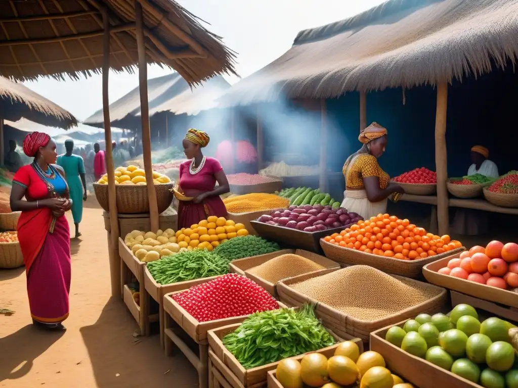 Un vibrante mercado africano lleno de frutas, verduras y granos coloridos, donde mujeres indígenas seleccionan productos frescos