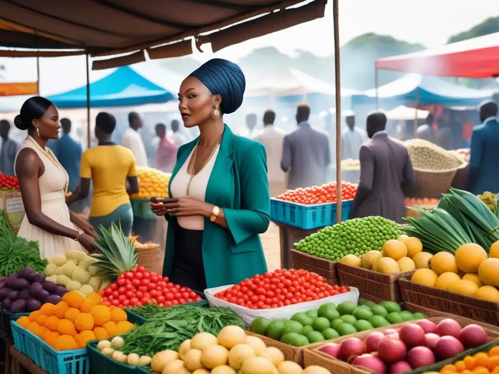 Un vibrante mercado africano fusiona tradición y modernidad con productos veganos, reflejando diversidad y sostenibilidad