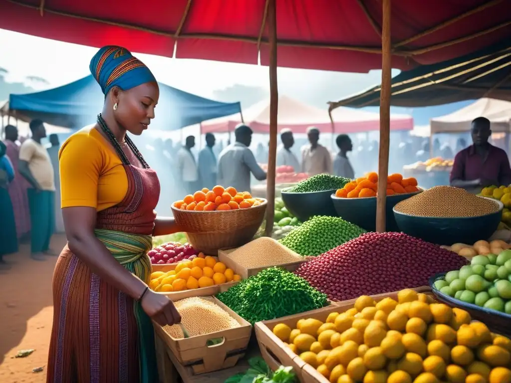 Un vibrante mercado africano con puestos llenos de frutas, verduras y especias