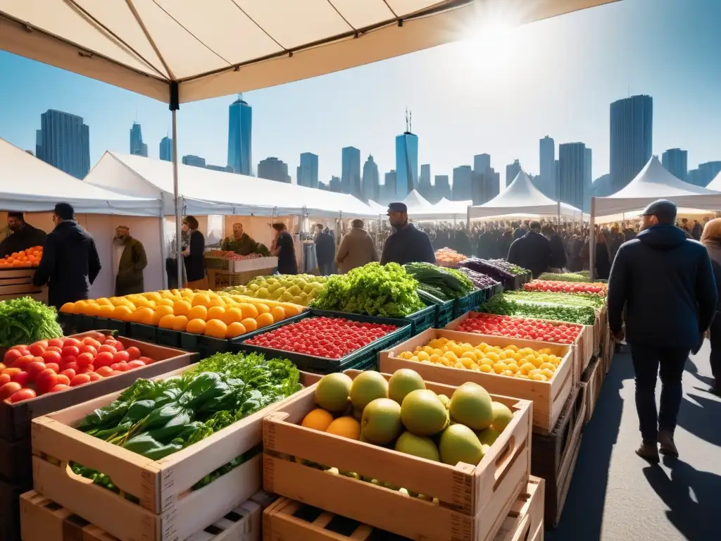 Un vibrante mercado de agricultores en la ciudad, promoviendo opciones sostenibles y locales