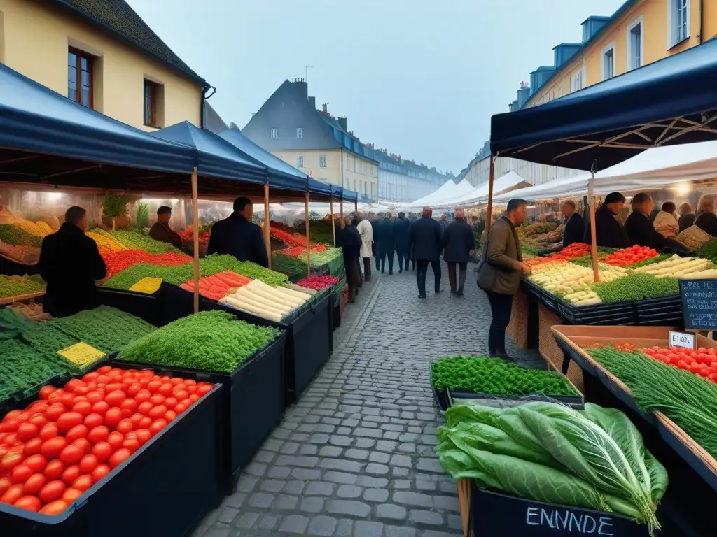 Un vibrante mercado de agricultores europeo con productos frescos para la cocina vegana