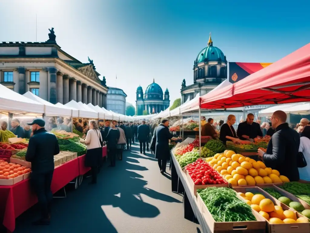 Un vibrante mercado de agricultores en Berlín, con frutas y verduras orgánicas, puestos de comida vegana y productos sostenibles