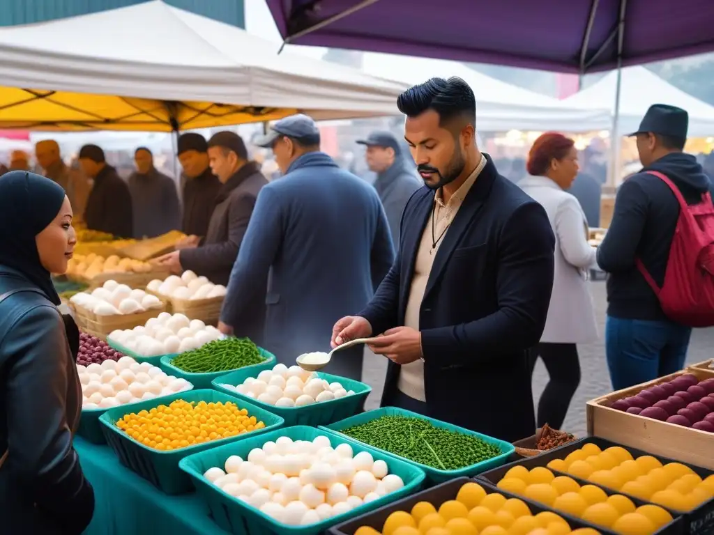 Vibrante mercado de agricultores con tofu y huevos frescos