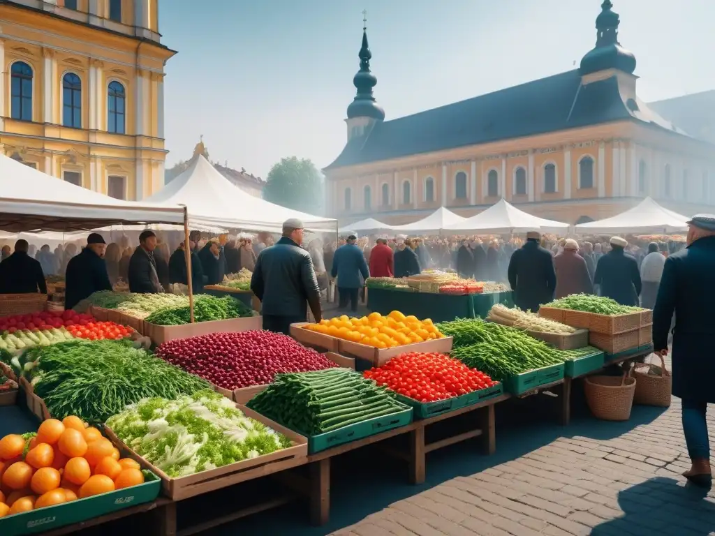 Vibrante mercado de agricultores en Europa del Este con ingredientes para recetas cocina vegana eslava