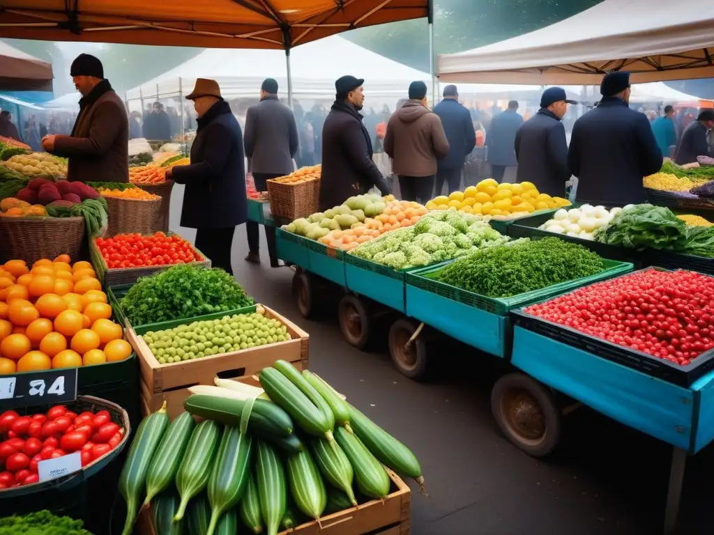 Un vibrante mercado de agricultores en otoño, con frutas y verduras de temporada