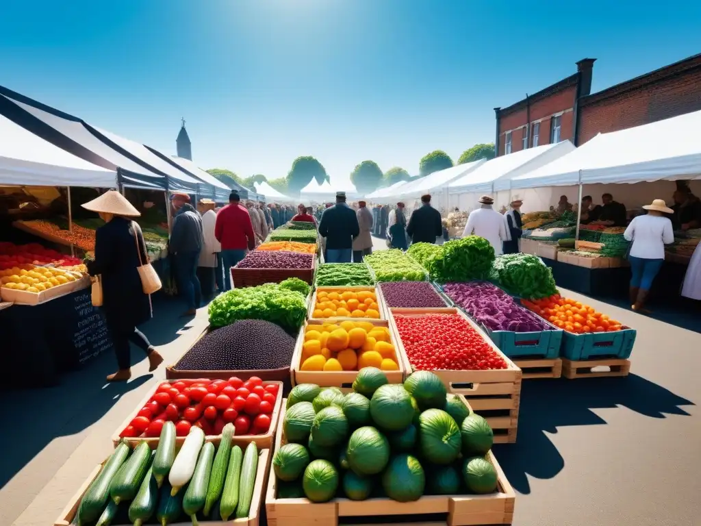 Vibrante mercado de agricultores con productos orgánicos coloridos bajo un cielo azul